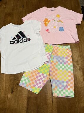 adidas White Tee with Pastel Check Pajama Shorts